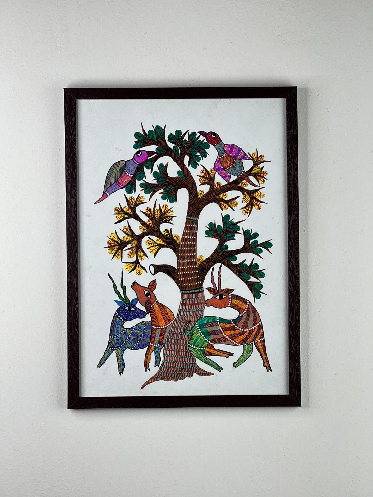 Tree of Life with Two Birds & Three Deer – Tribal Gond Art