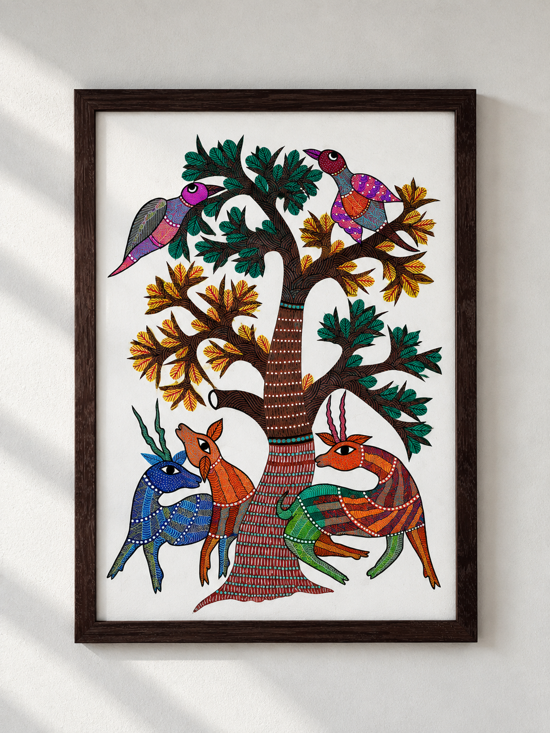 Tree of Life with Two Birds &amp; Three Deer – Tribal Gond Art